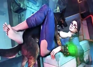 Spectacled 3D brunette licked by a dog