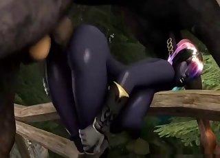 Purple-skinned 3D babe fucks animals