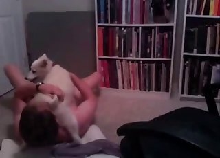 Nerdy zoophile 69-ing with his dog