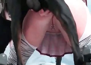 Dog enjoys two seductive chicks