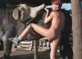 화려한 붉은 머리 여인이 뜨거운 말의 매력에 빠지려 애쓴다