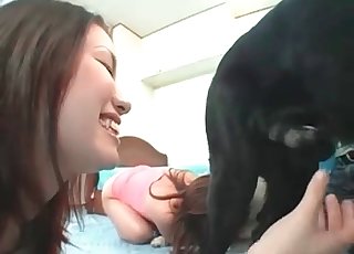 Chinese girl is sucking a doggy cock