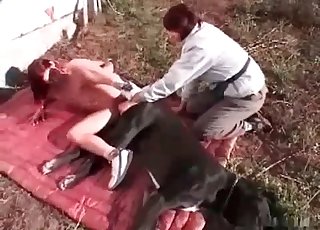 Nice babe is jumping on her doggy