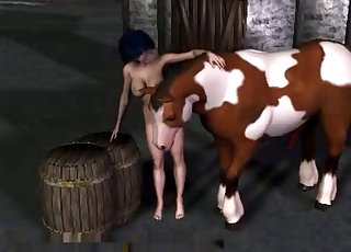 Blue-haired babe anally gaped by a horse